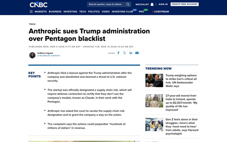 Скриншот CNBC: Anthropic подаёт иск против администрации Трампа
