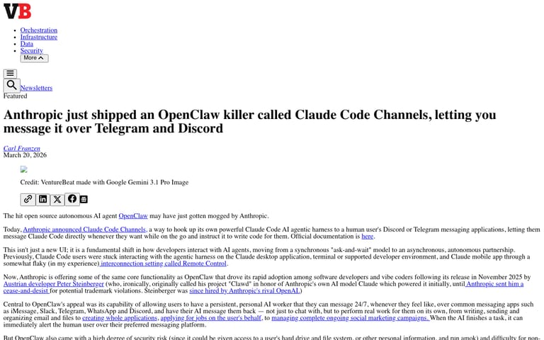 Статья VentureBeat про запуск Claude Code Channels