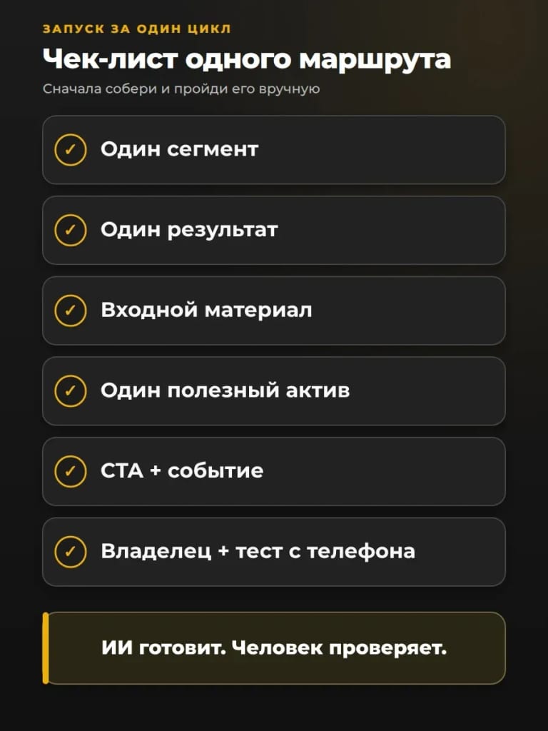 Минимальный запуск: один сегмент, один результат и один путь. ИИ готовит, человек проверяет.