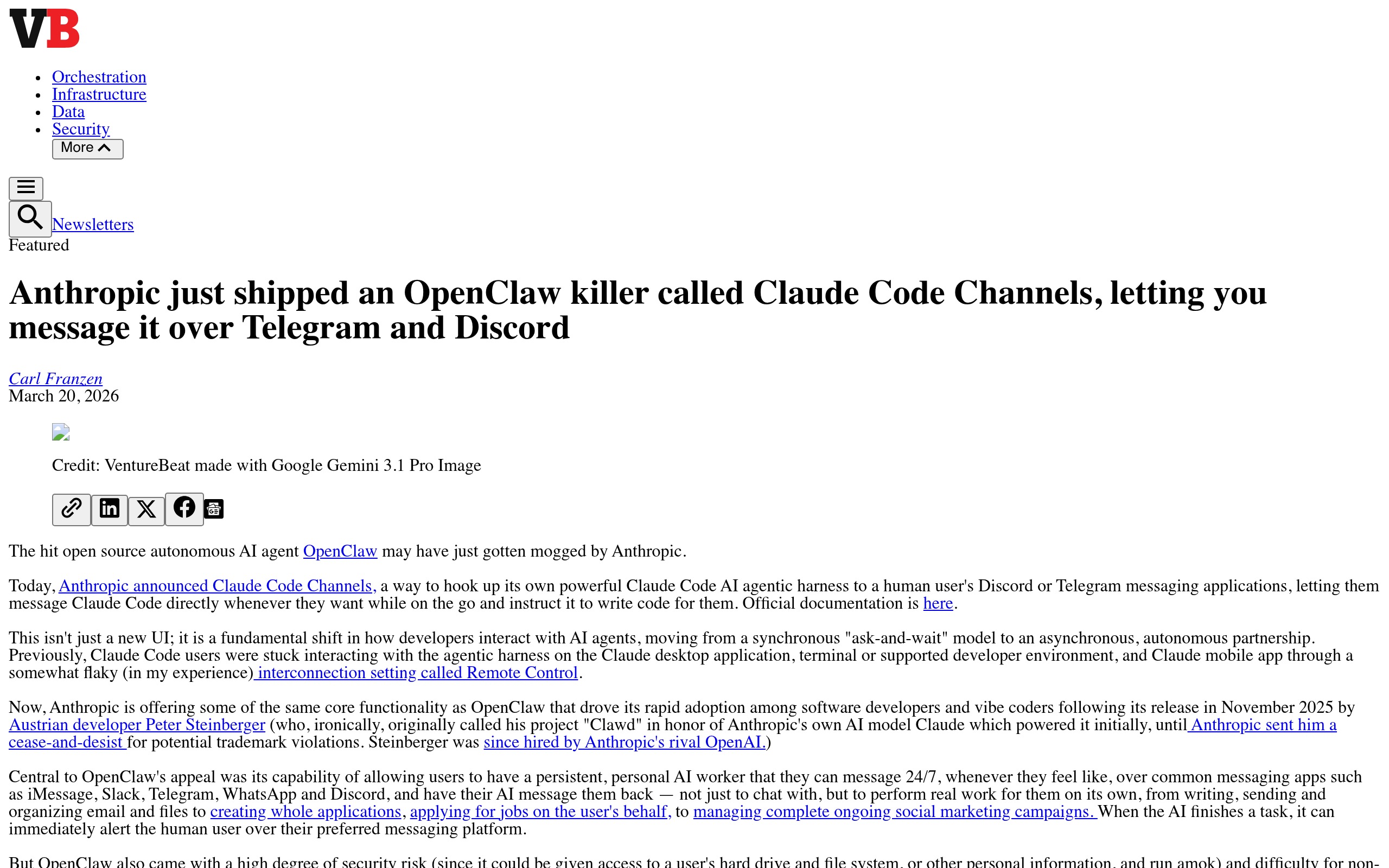 Статья VentureBeat про запуск Claude Code Channels