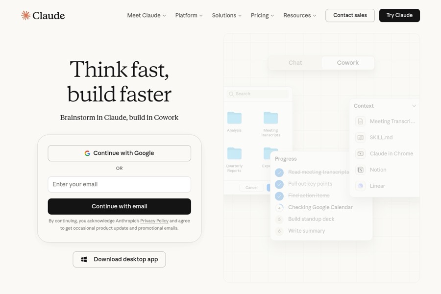Интерфейс Claude Desktop с режимом Cowork — переключатель между Chat и Cowork