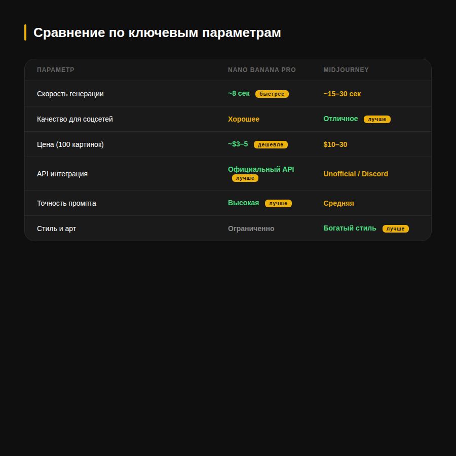 Сравнение по ключевым параметрам