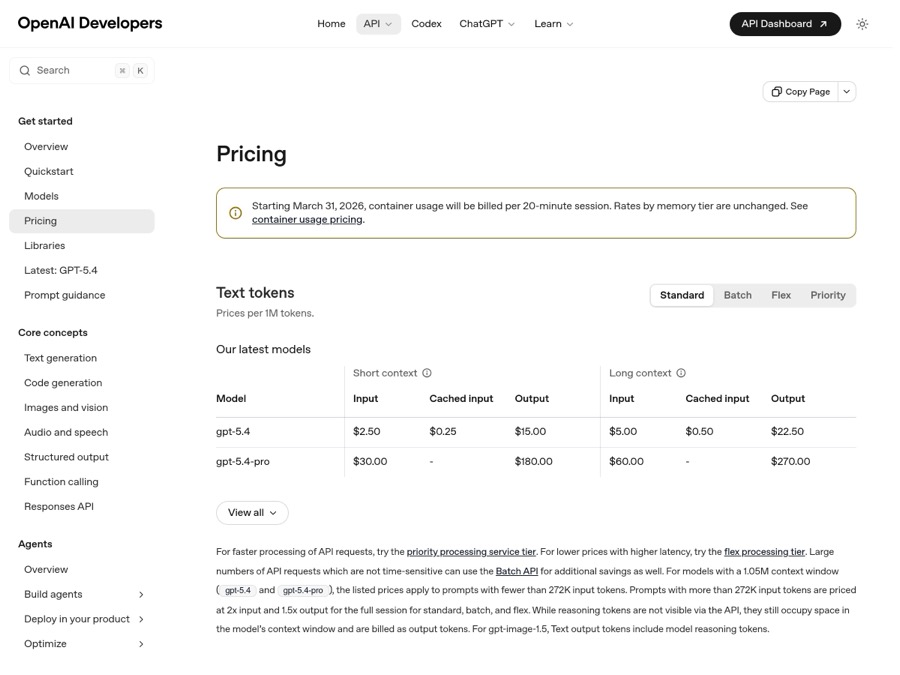 Страница с ценами на GPT-5.4 в документации OpenAI